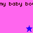 Pixelated icon with pink and purple background sections, repeating text "my baby bomy", two stars changing color between blue and pink.