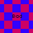 Pixelated pattern with alternating blue and magenta squares forming a , four instances of the word 'Bod' in black text overlaid on different sections
