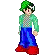 Pixelated character with green hair and green shirt performs sequential poses against gray background.