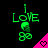 Green pixelated text 'i LOVE go' with a skull icon above the word 'go', and pink triangular shapes containing heart symbols on black background.