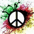 A peace symbol with green and red floral accents on a white background, next to a pink heart and a group of three people in casual clothing.