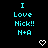 Cyan text 'I Love Nick!! N+A' repeated across a black background with pixelated heart and arrow symbols in varying positions.