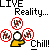 Pixelated graphic with text "LIVE Reality..." above three red circular icons and "Chill!" below a yellow arrow pointing right.