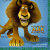 Pixelated cartoon lion with brown and tan fur stands against light blue background, mouth open showing teeth, right paw raised in gesture.