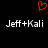 Red pixelated heart symbol above two identical white text strings reading 'Jeff+Kali' on a black background.