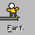 Pixelated character in yellow shirt and gray pants performs actions on a gray platform with text "Fart." below each frame.