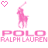 Pixelated pink polo player icons with heart symbols above, text reading POLO POLO RALPH LAUREN below on white background.