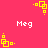 A static image with a bright pink background featuring yellow pixelated square patterns and white text reading "Meg" in multiple locations.