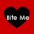 Four black heart shapes on a red background, each containing the text "Bite Me" in white pixelated font.