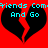 Red background with two black broken hearts and cyan pixelated text reading "Friends Comfiends And Go".