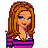 Pixelated cartoon woman with long brown hair, blue eyes, and pink-purple striped shirt, standing against white background with text below.