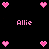 Static pixel art image with pink heart icons surrounding the name 'Allie' in a symmetrical layout on black background.