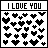 Six display 'I LOVE YOU' text above heart patterns in varying grayscale densities, with one empty