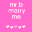 Pixelated text 'mr.b marry me' on pink background with white and light pink heart symbols below.