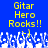 Blue background with yellow pixelated text "Gitar Hero Rocks!!" and white pixelated crowd below, two identical frames side-by-side.