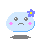 Pixelated light blue blob with pink cheeks, purple flower on head, and gray shadow; expression shifts from neutral to angry across frames.