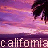 Pixelated landscape with purple and pink sky transitioning to dark water, featuring a tree silhouette on the right and 'califomia' text at bottom.