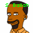 Pixelated cartoon character with brown skin, dark hair, and a goatee wearing an orange striped shirt, shown in three views with green text above the head.