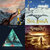 Four distinct pixelated scenes arranged in a 2x2 grid: top-left with a figure holding a rainbow, top-right showing a landscape with trees, bottom-left featuring a teal triangular shape, bottom-right displaying a golden circular object.