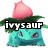 Pixelated image of a blue-green Pokémon-like creature with pink flower on head, green leaves, and red eyes, overlaid with text in four