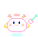Pixelated angel icon with pink outline, white body, and yellow wings in multiple poses holding a green wand with pink tip.