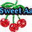 Animated cherry cluster with green leaves and red fruit, displaying text changes from 'Sweet As' to 'A Cherry' above the fruit.