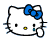 White cat face with blue bow, yellow nose, black eyes; four variations show hand position and small blue dot changes.