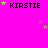 A bright pink background displays multiple instances of the word 'KIRSTIE' in black pixelated text, each surrounded by scattered green and purple star shapes.