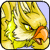 Pixelated yellow bird-like creature with orange beak and glowing eyes, static single-frame icon on light purple background.