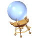 A light blue sphere rests on a golden stand with four legs, shown in multiple poses across a