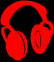 Red headphones icon in multiple poses with vertical red bars on black background, animated rotation and repositioning.