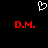 Pixelated white heart symbol above two red 'D.M.' text blocks on black background.