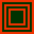 Four square each contain nested squares alternating dark green and bright red borders on a solid red background