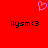 Red background with pink pixelated heart above two identical black text strings reading 'ilysm<3' in a retro digital style.