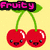 Pixel art fruit icons with smiling faces: cherries, pineapple, and raspberry on a yellow background with pink text labels.