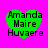 Four green heart-shaped icons with black text on a bright pink background, each displaying 'Amanda Maire Huvaere' in pixelated font.