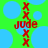 Green background with blue circles and red text 'jude' surrounded by 'x' symbols in two mirrored arrangements.