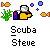 Pixel art buddy icon featuring a scuba diver camera, fish, and bubbles with text 'Scuba Steve' below.
