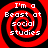 Four identical red and black spiral patterns with white text reading "I'm a Beast at social studies" arranged in a