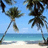 Pixelated beach scene with palm trees and ocean on left, green pixel text on blue background right.