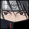 A character with red eyes and a silver headband featuring a spiral symbol, wearing a black mask covering the lower face.