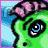 Green cartoon character with blue eyes and pink hair puffing smoke or fire from its mouth, displayed in a of animated frames