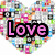 Heart-shaped icon with 'Love' text, pixelated background of small colorful squares, and a gray rectangular area on the right side.