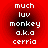 Red background with white pixelated text reading 'much luv monkey a.k.a cerria' arranged vertically in four
