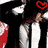 six distinct poses featuring a person in various outfits with heart symbols and red-and-white backgrounds