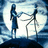 Pixelated image of two figures holding hands against a bright circular background with blue and white tones.