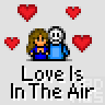 A static contact sheet of three animated frames showing a pixel art couple with hearts and the text "Love Is In The Air" on a gray background.