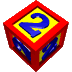 red cubes with yellow faces displaying blue number '2' symbols, each cube rotated to show different visible sides