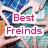 Pixelated image with pink text "Best Freinds" on white rectangular backgrounds over a blurred multicolored backdrop.