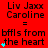Red background with repeated black text "Liv Jaxx Caroline = bffls from the heart" and cyan heart symbols, showing animation changes in heart positions across observations.